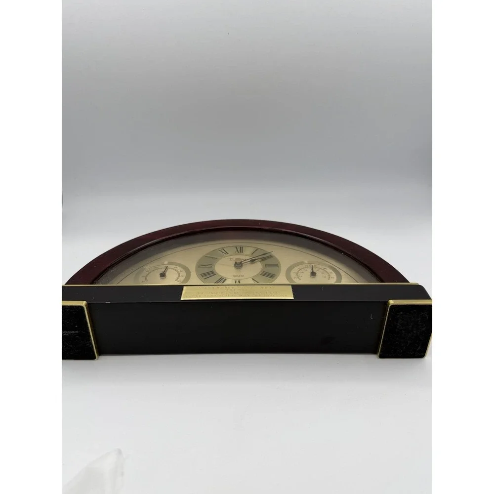 Bulova Mantel Clock Quartz Wood Brass Hygrometer Thermometer Engraved
